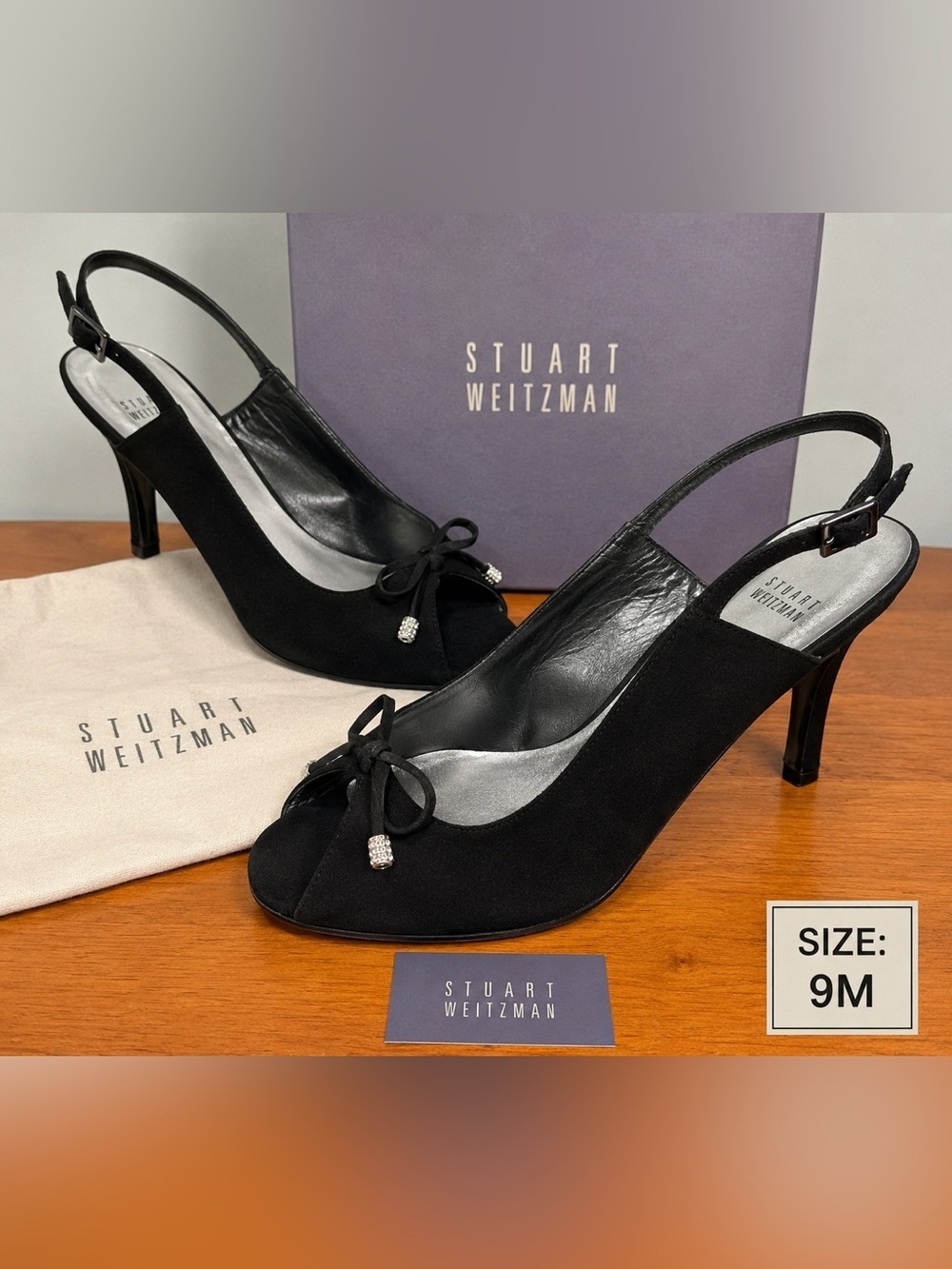 Stuart Weitzman Black Peep Toe Slingback designer Heels Bow Rhinestone Detail 9M